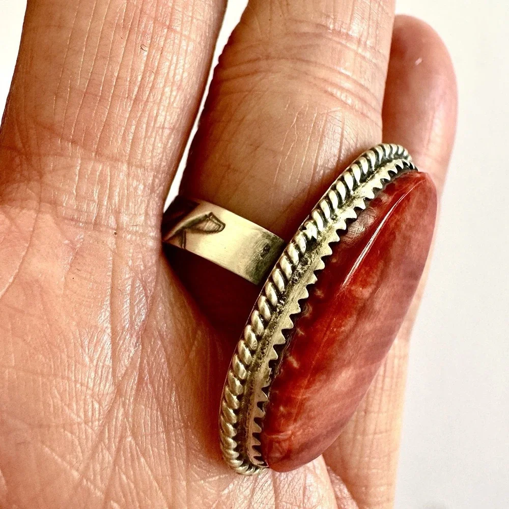 Navajo Orange Spiny Oyster Ring Sz 9 Flat Cab Sterling Signed‎ Selina Warner USA